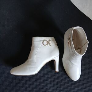 White Women's Leather Ankle Booties w Strap & Brass Buckle Heels